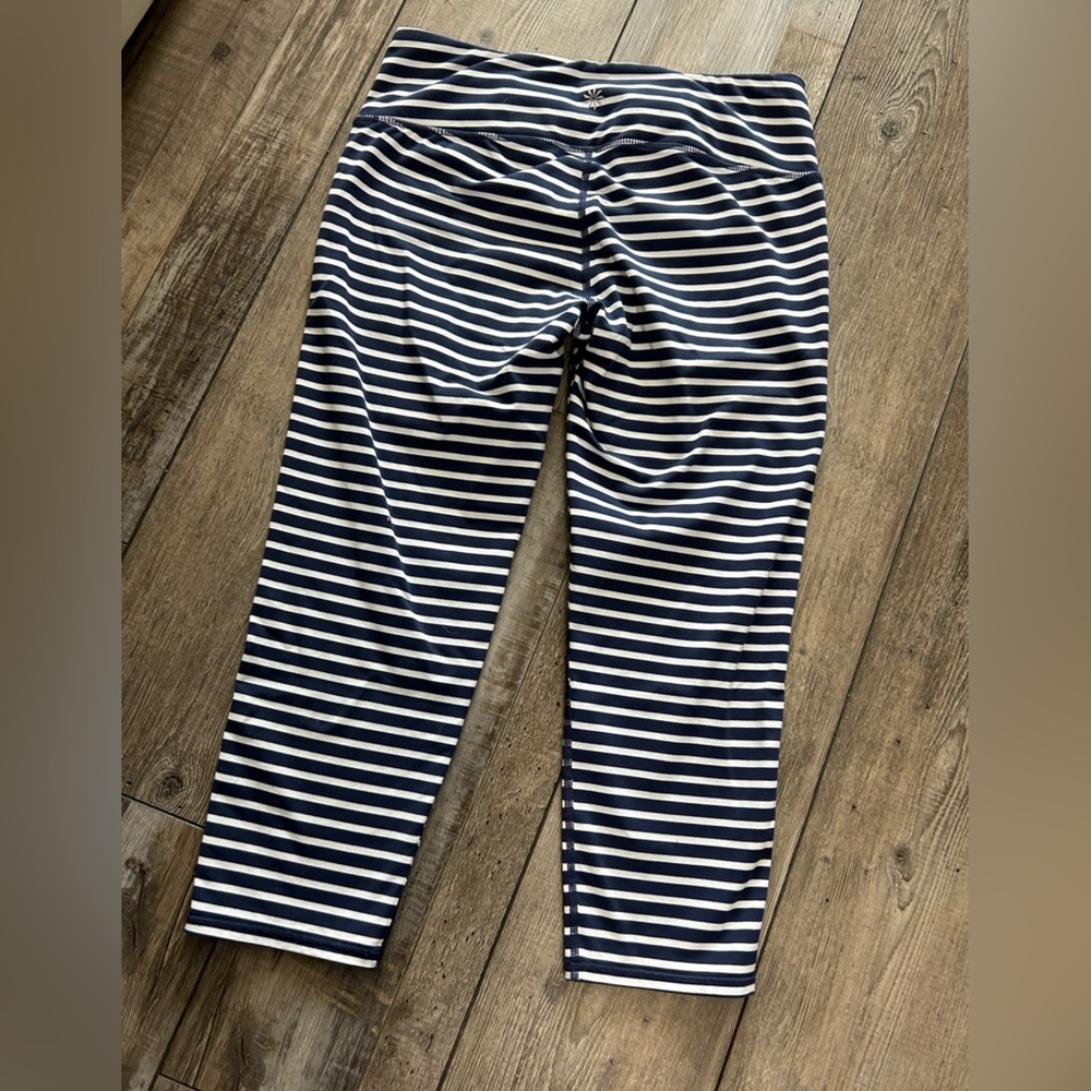 Athleta Chaturanga Navy & White Striped Cropped capri Leggings - Picture 2 of 4